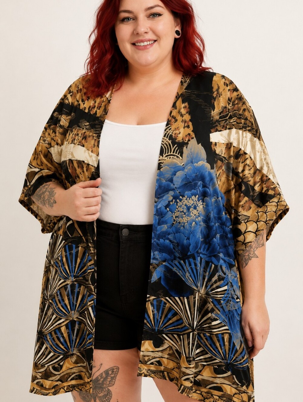 ChicosWomen's Open-Front Floral & Geometric Kimono Jacket in Blue and Brown